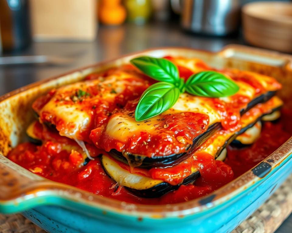 Aubergine parmigiana met basilicum