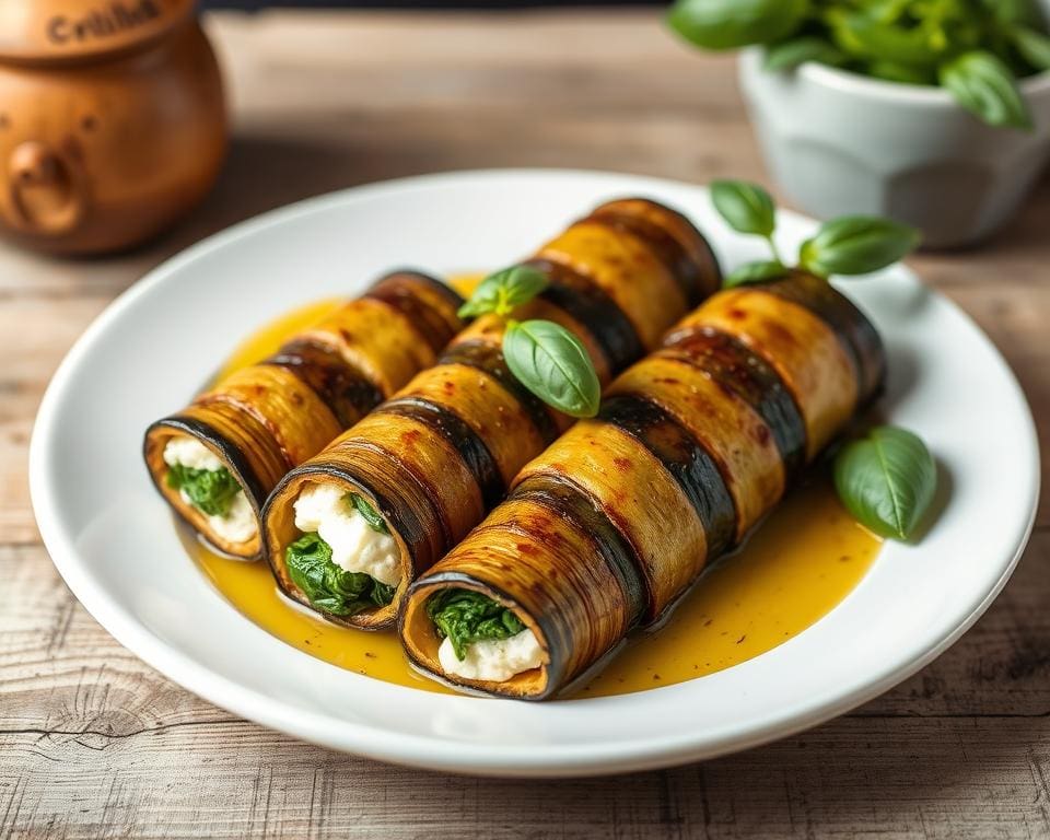 Aubergine rolletjes gevuld met ricotta en spinazie