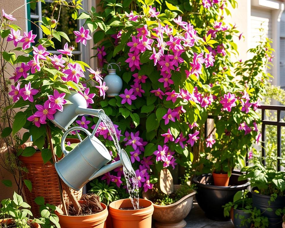 Clematis water geven op balkon