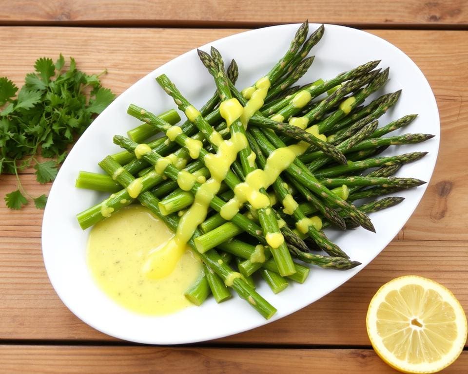 Gegrilde asperges met een citroen-knoflooksaus