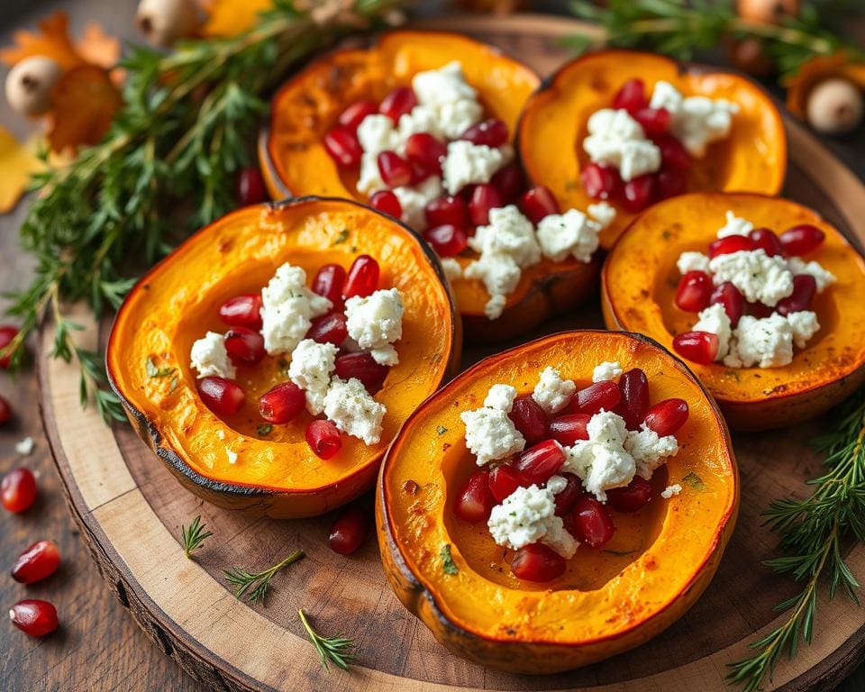 Geroosterde pompoen met feta en granaatappel