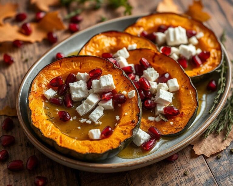 Geroosterde pompoen met feta en granaatappel