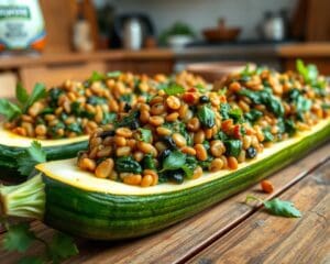 Gevulde courgettes met een mix van linzen en spinazie