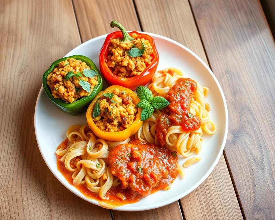 Gevulde paprika’s met een orzo-tomatensaus