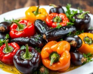 Groenteschotel met geroosterde paprika en aubergine