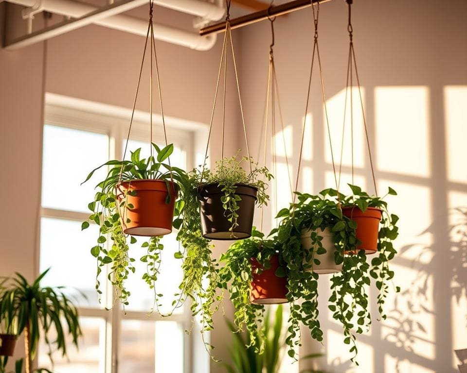 Hangende plantenpotten met een verstelbaar ophangsysteem