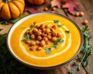 Pompoensoep met geroosterde kikkererwten