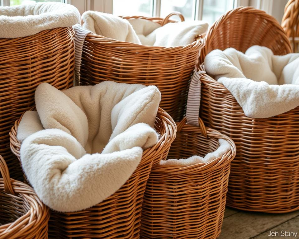 Rieten manden met een zachte stoffen binnenkant