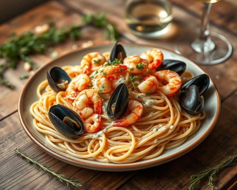 Spaghetti met zeevruchten en een witte wijnsaus