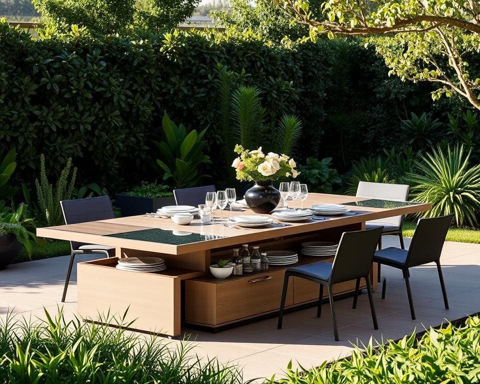 Tuintafels met een multifunctioneel serveergedeelte