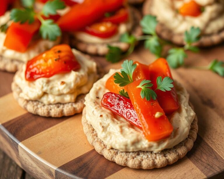 Volkoren crackers met hummus en geroosterde paprika