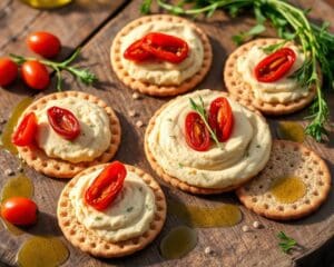 Volkoren crackers met hummus en zongedroogde tomaten