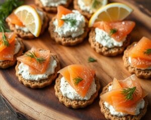 Volkoren crackers met kruidenkaas en gerookte zalm