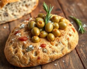 Volkoren focaccia met olijven en zeezout