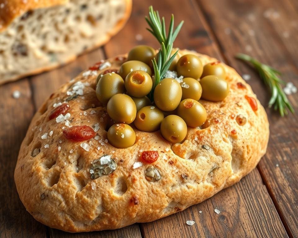 Volkoren focaccia met olijven en zeezout