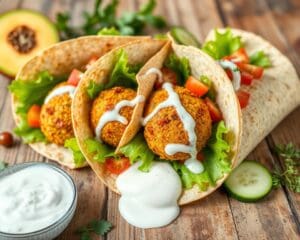 Volkoren wraps met falafel en een frisse yoghurtdip