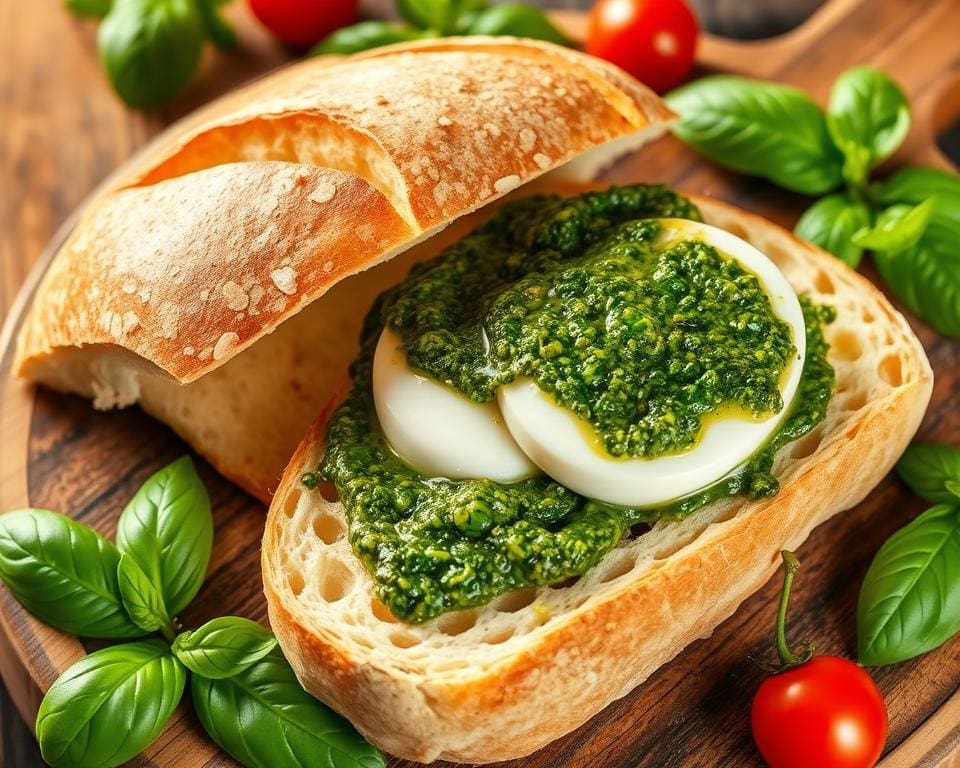 Ciabatta brood met mozzarella en pesto
