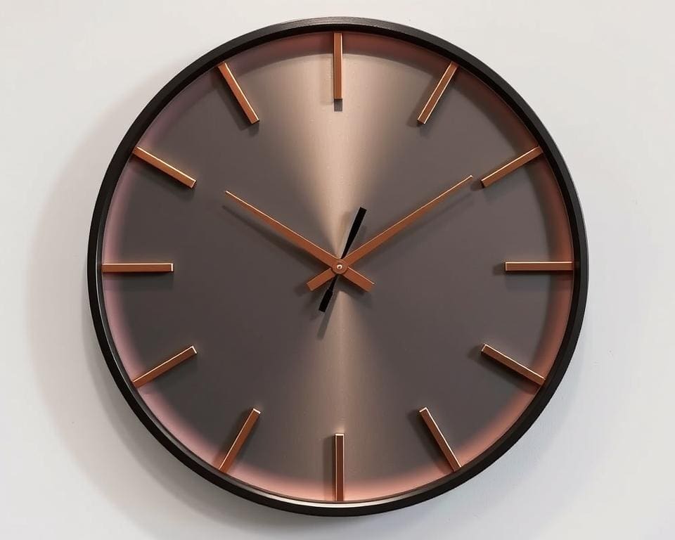 Design wandklok met koperen accenten
