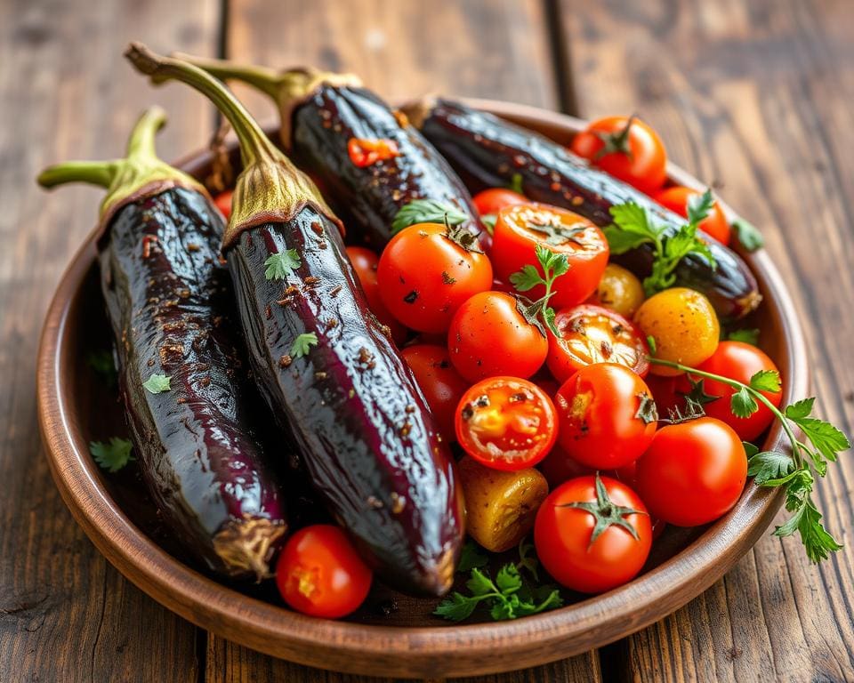 Groenteschotel met aubergines en tomaat