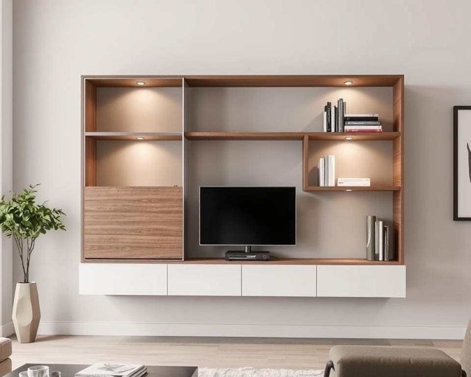 Moderne wandkast met open vakken en schuifdeuren