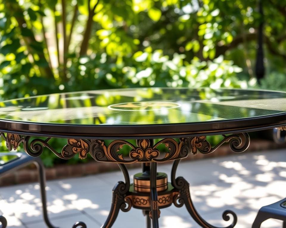 Tuintafels met een glazen blad en decoratieve elementen