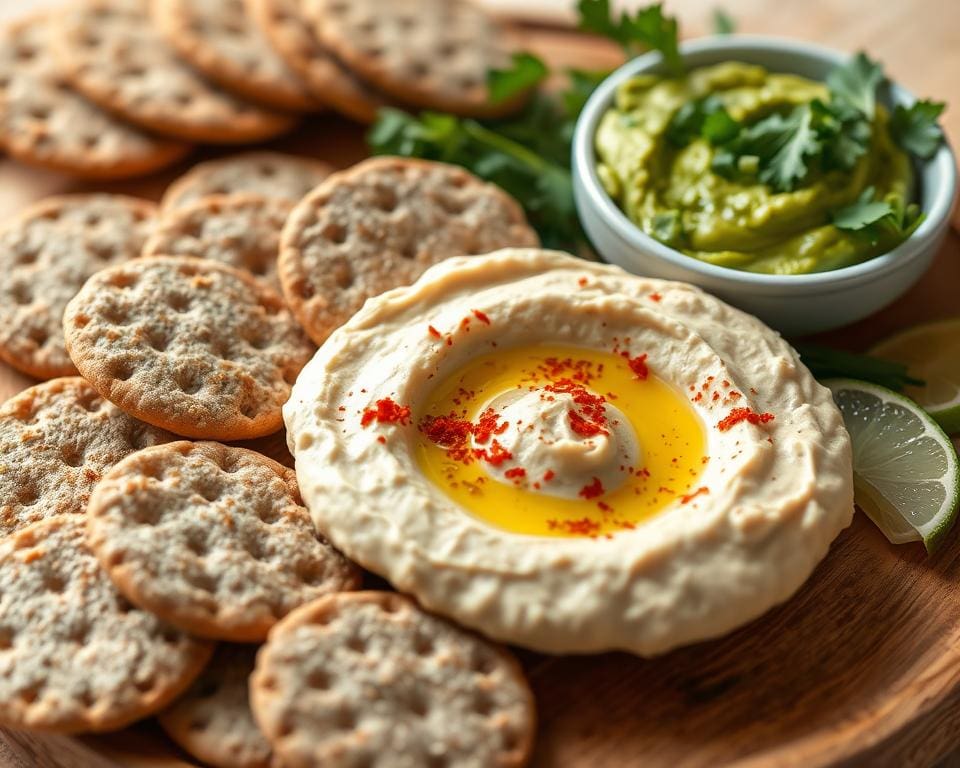 Volkoren crackers met hummus en een avocado-dip