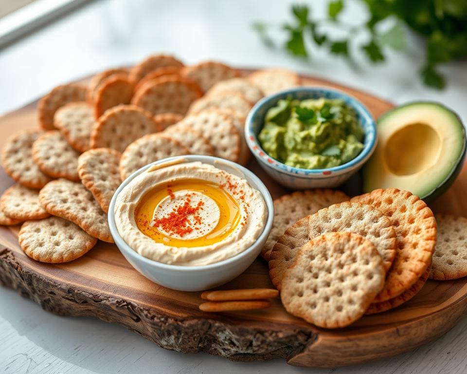 Volkoren crackers met hummus en een avocado-dip
