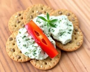 Volkoren crackers met kruidenkaas en paprika
