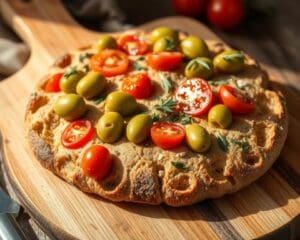 Volkoren zuurdesem focaccia met olijven en tomaten