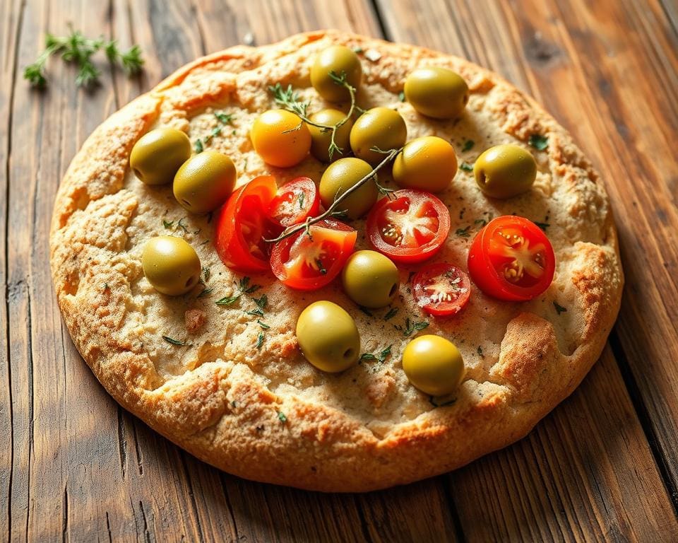 volkoren zuurdesem focaccia met olijven en tomaten