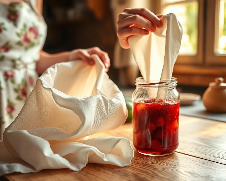 Hoe gebruik je kaasdoek bij het jam maken?